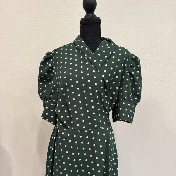 Green Polka Dot Wrap Dress | Puff Sleeve Midi | Celmia Collection 4XL - Picture 3 of 6